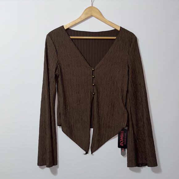ROMWE Brown Textured Long Sleeve Button Up Blouse women’s Size Medium(6) - Picture 1 of 8